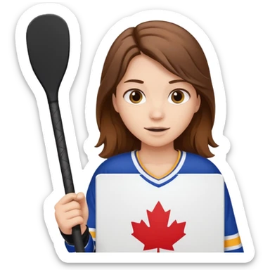 Girl hockey fan with brown long hair holding a large blank sign sticker
