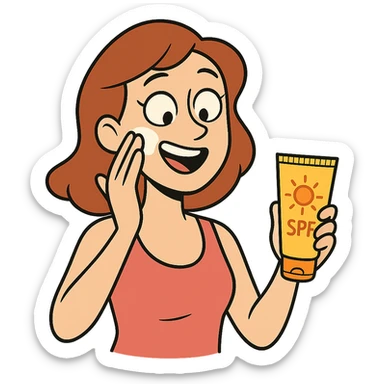 illustration of a woman smiling as she applies sunscreen to her cheek with one hand, holding a sunscreen tube in the other, bright and cheerful, no background sticker