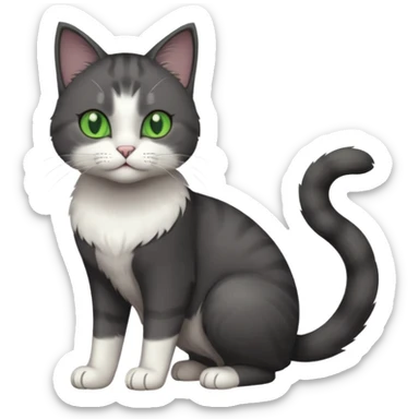 full body view of beautiful female solid dark grey cat with green eyes, white toes/paws and white patch on her chest sticker