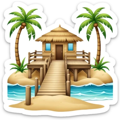 Ocean and beach scene with a pier with sand and palm trees sticker