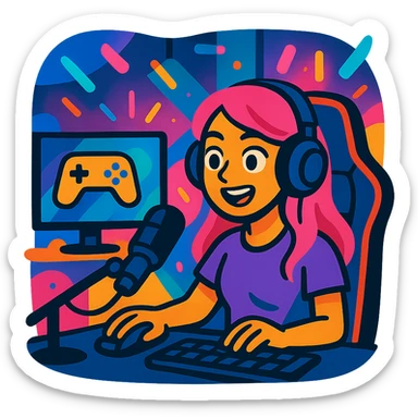 girl with pink hair, gaming chair, microphone, and colorful lights, streaming video games, vibrant and expressive sticker