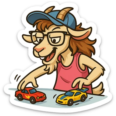 goat for Telegram stickers inspired by reference https://attic.sh/feoducyurkpqwz0la088soao98sx: wearing a cap, glasses, mullet hairstyle, pink drunkard tank top, playing with hot wheels cars sticker