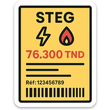 flat vector-style icon of a Tunisian STEG bill, bordered rectangle, text 'STEG' at the top, electricity (⚡) and gas (🔥) icons, amount due '76.300 TND', barcode at the bottom, reference line 'Réf: 123456789', horizontal lines for details, clean minimalist Tunisian color hints, no background sticker