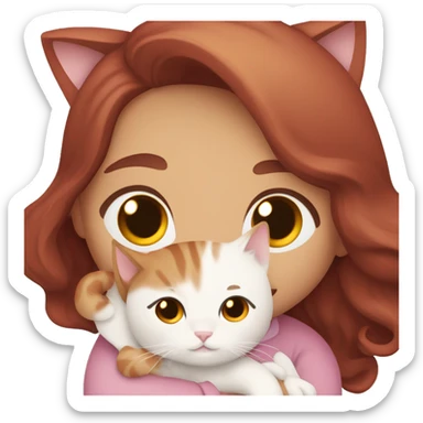 girl with long very dark red purpley wavy hair and dark brown eyes and light pink outfit hugging a white & ginger cat  sticker