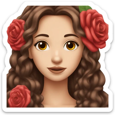 Beautiful, rose, red, flowers in hair, long dark brown hair, white fair skin sticker