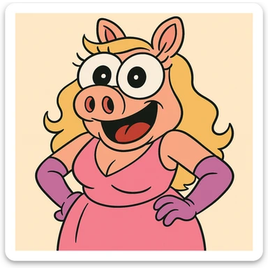 Make Miss Piggy's cross eyes even bigger in a cartoon style, wearing a pink dress, with exaggerated features. Emphasize cartoon style in the edit. sticker