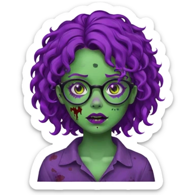 Crie uma garota zumbi com cabelo cacheado roxo, óculos preto e sardas com a pele verde  sticker