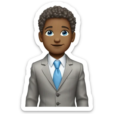 Little young  gentleman wearing a grey suit with light shirt and baby blue tie with blue eyes , white  skin and brown curly hair and full body . Wearing a watch  sticker