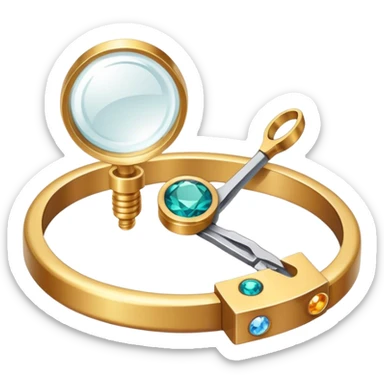 Jewelry art icon, detailed close-up of a ring or necklace being crafted, visible tools like pliers, magnifying glass, workbench with gemstones and wire, minimalistic style, clean lines, transparent background. sticker