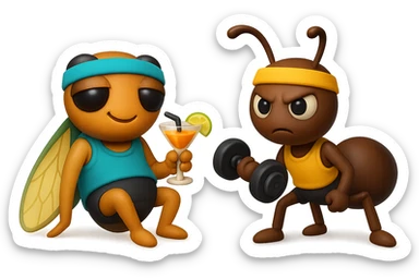EMOJI STILE IPHONE 3D DI UNA CICALA E UNA FORMICA IN ABITI FITNESS, LA CICALA HA IN MANO UN COCKTAIL MENTRE LA FORMICA HA IN MANO UN MANUBRIO DA PALESTRA. L'IMMAGINE RAPPRESENTA IL FATTO CHE LA FORMICA VOGLIA IMPEGNARSI REALMENTE PER CAMBIARE IL SUO FISICO MENTRE LA CICALA SI VUOLE DIVERTIRE E NON CONCLUDE NULLA ALLA FINE sticker