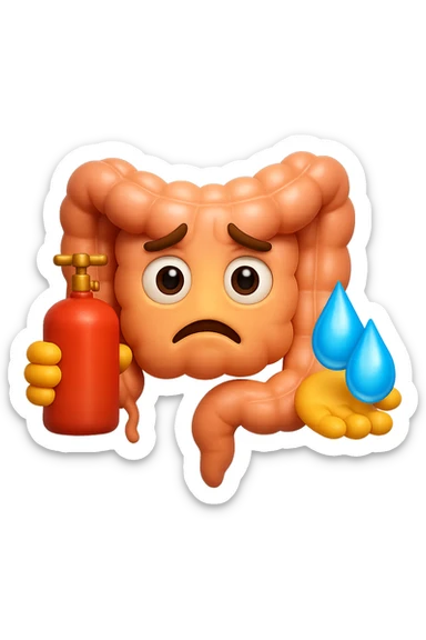 EMOJI STILE IPHONE DI un'intestino preoccupato che ha una bombola di gas in mano e due gocce di acqua in 3d nell'altra mano, IPERREALISTICO 4K sticker
