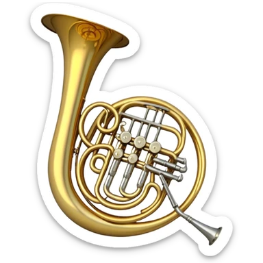 Create a refined and elegant emoji representing the Arnolds & Sons AHR-350 horn. The design should feature the instrument's beautifully coiled brass body with its distinct flared bell, showcasing the high-quality craftsmanship. Include delicate details like the tuning valves, finger buttons, and elegant brass finish. Add subtle musical notes around the horn to symbolize its melodic sound. Use warm golden and brass tones to convey the luxury and professional quality of the instrument. The background should be transparent sticker