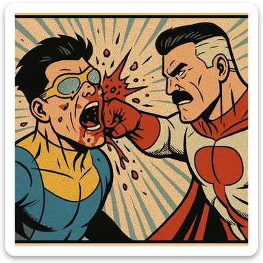 Invincible being punched by Omni-Man, comic book style, slow-motion effect, blood and debris, emotional expressions sticker