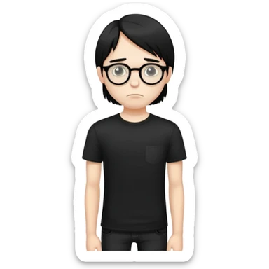young depressed russian man, thin, in black t-shirt and black jeans, black long bob haircut, round glasses with black frame. sticker