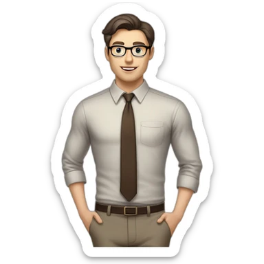 Pale skinned fit man with dark brown hair in gray jacket, beige office shirt, brown tie, brown pants and vintage glasses Writing on the flipchart sticker