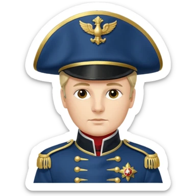 Napoleonic French officer, classic French military uniform, bicorne hat, blue coat with gold trim, epaulettes, confident pose, detailed, suitable for icon or emoji sticker