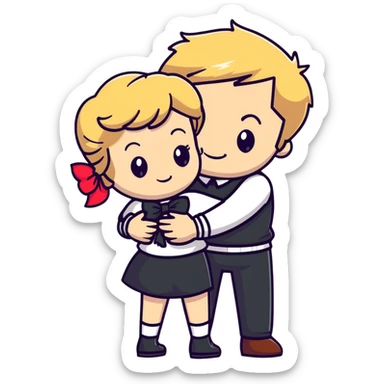 Brown hair white girl hugging blonde man with bows sticker