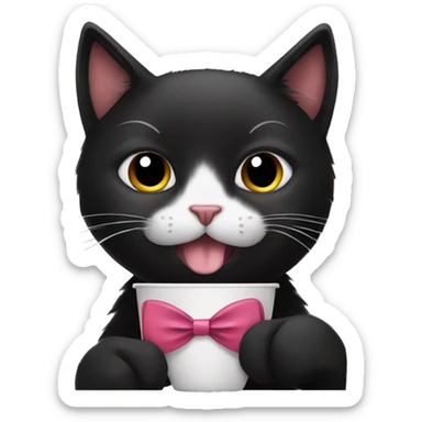 cute black cat with bow tie drinking coffee sticker