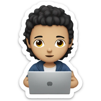 Boy with black hair and black eyes and light skin looking at the computer sticker