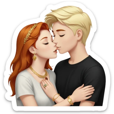 young 20 year old redhead girl with dark blonde eyebrows wearing gold jewelry and light clothes kissing a young 20 year old white-haired boy wearing dark t-shirt sticker