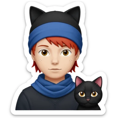 Boy with red hair and black cat beanie and blue headscarf  sticker