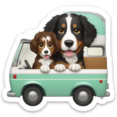 bernese mountain dog driving a camper with a brown hair girl sticker
