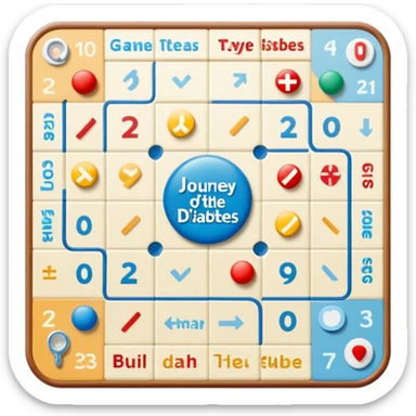 Design Game Board called Journey of Type 1 diabetes and Aging.  Subtext: Aging with Type 1 Diabetes, large enough to read for seniors, 6 landing spots (hospital, home, assisted living, health issues, coping, stories) sticker