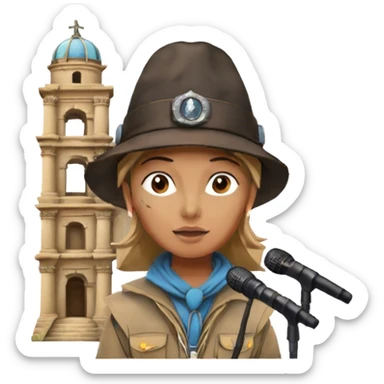 Icon for Documentary Film: A TV-style design with a traveler speaking in front of ancient ruins. Include details like a microphone, the traveler in casual explorer attire, and the ruins in the background. Capture the atmosphere of an informative journey through history. Transparent background. sticker