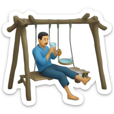 An Uzbek man sitting on a doppi, a traditional Uzbek swing, drinking water from a piyola. sticker