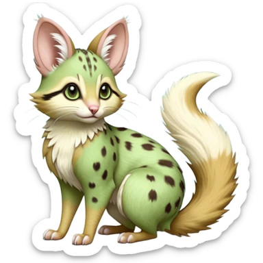 Light-green, soft realistic romantic vintage antique divine beautiful elegant pretty precious cute young youthful  Fakémon-Pokémon-opossum-feline-mouse-serval-caracal-chinchilla-Minccino-Cinccino-Meowstic-rodent-hybrid-creature with a big fluffy bushy tail (full body) sticker