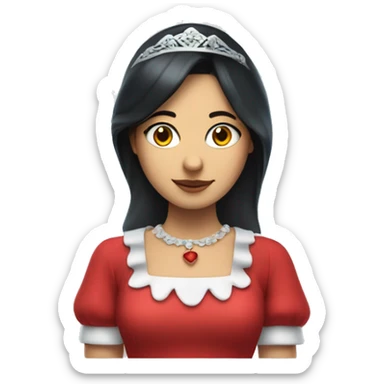 Lady with dark hair, blue maid veil, red dress, halo and money with wings underneath her chest sticker