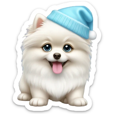 white pomeranian puppy full body light blue eyes pink christmas hat on sticker