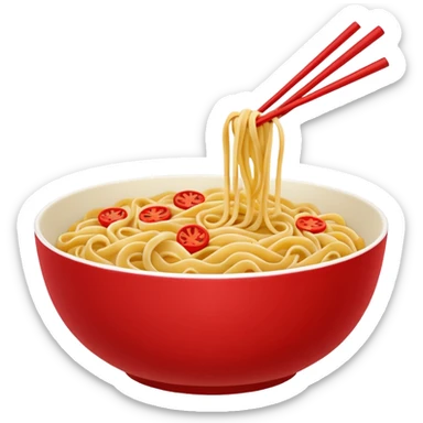 Chinese cuisine humanless avatar in bright emoji-style illustration. Noodles bowl, red and gold colors, simple shapes, flat design, bold and energetic. sticker