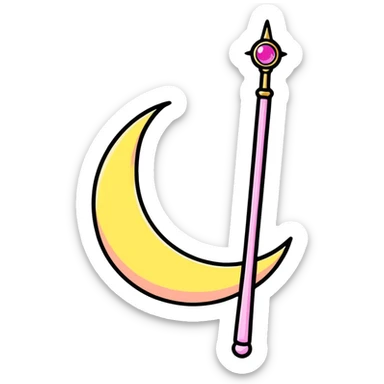 Sailor Moon's Moon Stick magical wand with a golden crescent moon and pink gem, magical anime style sticker