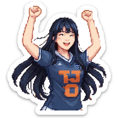 East Asian woman with long black straight hair and bangs wearing navy and white Doosan Bears team colors, cheering sticker