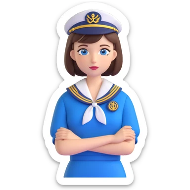 sailor woman, short brown bob, blue eyes, modern uniform, transparent background sticker