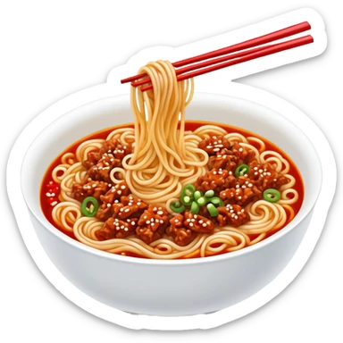 Chengdu Dan Dan Noodles with minced pork and chili oil, simplified emoji style with bold outlines and bright colors, cartoon style Sichuan street food in bowl sticker