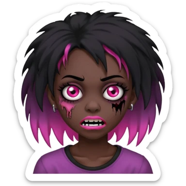 girl, zombie, black coily hair, medium long, emo, shaggy, dark, spooky, piercing on eyebrow, pink teeth, creepy blank expression sticker
