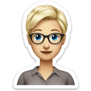 female Teacher with book glasses blonde pixie haircut blue eyes blouse sticker