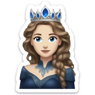 Feyre has brown hair with bright blue eyes and a silver crown on top of her head. She wears a dark blue glitter dress  sticker