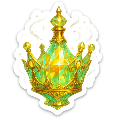 very luxurious crystal crown-shaped elixir bottle, pastel gradient of yellow, orange, and green colors, lots of glowing effects, facets, ornaments, golden details, magical effects, very small golden neck, transparent background, beautiful merging base, clearly floating in the air, no base or shadow, premium class impression, interesting design fitting a collection of crystal, luxurious, magical bottles sticker