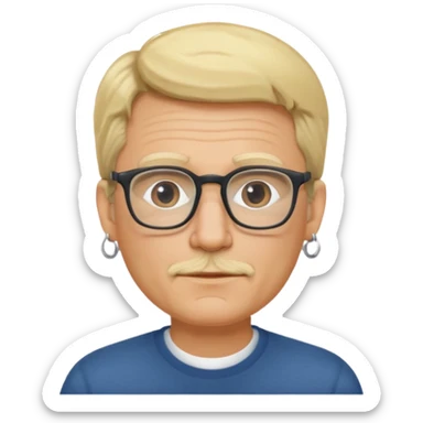 blond middle aged man wearing  big earrings, wearing glassess, with no beard sticker