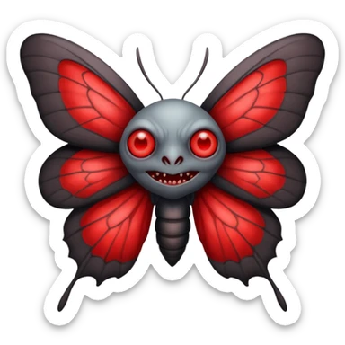 Create a scary emoji of the Mothman from point plesant west virginia with bright red eyes and as depicted in the legend. Make it less bird like and more Moth / Human hybrid sticker