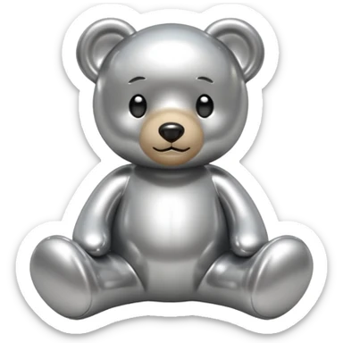 A cute teddy bear emoji made of liquid silver chrome, smooth rounded body, glossy metallic surface, soft reflections, friendly proportions, iOS emoji style, centered, clean white background sticker