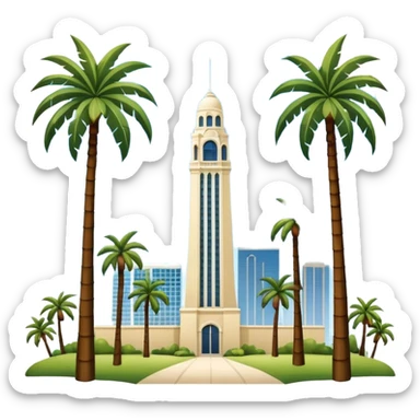 California Tower landscape in San Diego with palm trees, simple, inspired by reference photo, landscape version 4, white background sticker