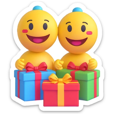 3D smiley emoji, round shape, in love: loving smiley couple exchanging gifts sticker
