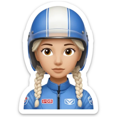 woman with white braided hair in blue racer helmet sticker
