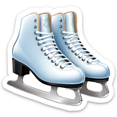 An icon featuring a pair of elegant figure skates standing on the smooth ice of a rink, with sparkling ice beneath them. The background shows a grand ice arena with bright lights and empty stands, highlighting the beauty and grace of figure skating. Transparent background. sticker