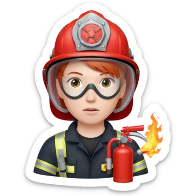 red haired Firefighter with respiratory protection with fire extinguisher sticker