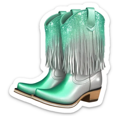 Realistic silver and mint green ombre pair of fashion cowgirl boots with sparkly shiny glitter fringe on them. sticker